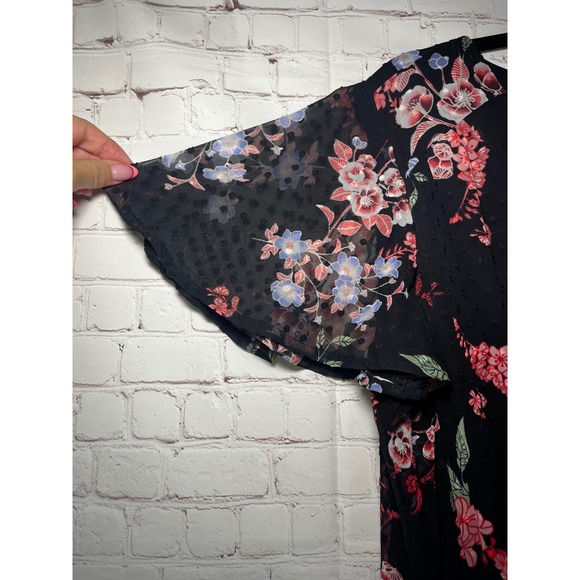 Lane Bryant Black Floral Swiss Dot Flutter Sleeve Button Front Midi Dress 14 - Picture 4 of 7